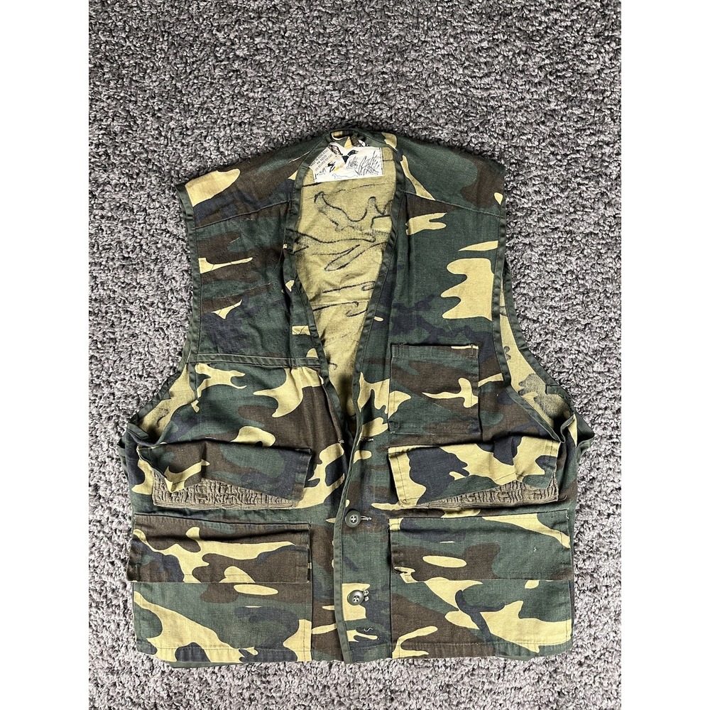 Vintage 70's Duck Bay Woodland Camo Vest Size M Game Pouch (Flaws)